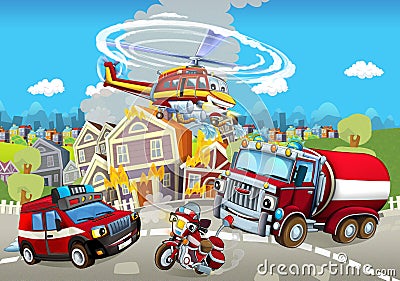 Cartoon stage with different machines for firefighting Cartoon Illustration