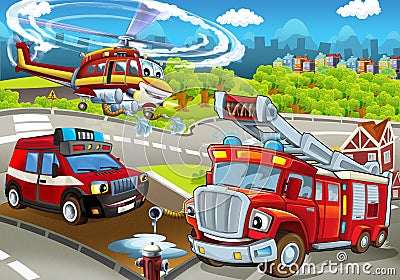 Cartoon stage with different machines for firefighting - colorful and cheerful scene Stock Photo