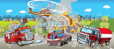 Cartoon stage with different machines for firefighting - colorful and cheerful scene Stock Photo