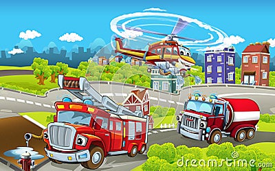 Cartoon stage with different machines for firefighting - trucks and helicopter - colorful and cheerful scene Cartoon Illustration