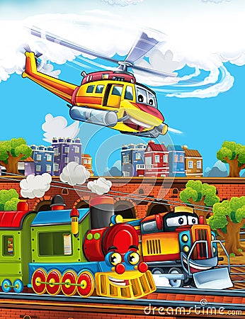 Cartoon stage with different machines one for emergency and train colorful and cheerful scene Cartoon Illustration