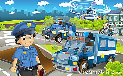 Cartoon stage with different machines for police duty and policeman - colorful and cheerful scene Cartoon Illustration