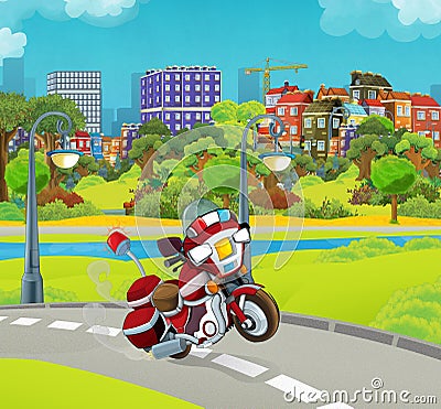 Cartoon stage with emergency vehicle - fire fighter motorbike - colorful and cheerful scene Cartoon Illustration