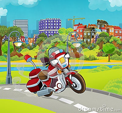 Cartoon stage with emergency vehicle - fire fighter motorbike - colorful and cheerful scene Cartoon Illustration