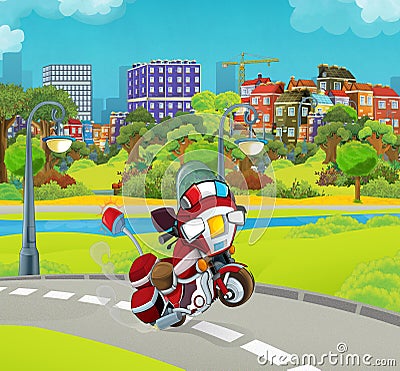 Cartoon stage with emergency vehicle - fire fighter motorbike - colorful and cheerful scene Cartoon Illustration