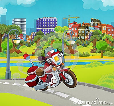 Cartoon stage with emergency vehicle fire fighter motorbike colorful and cheerful scene Cartoon Illustration