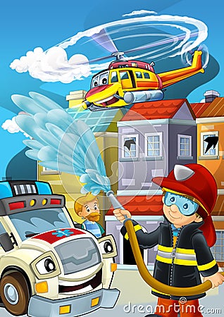 Cartoon stage with fireman fire fighting near some building smoking - illustration for kids Cartoon Illustration