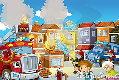 Cartoon stage with fireman and fire truck and flying machine near burning building colorful scene - illustration Cartoon Illustration