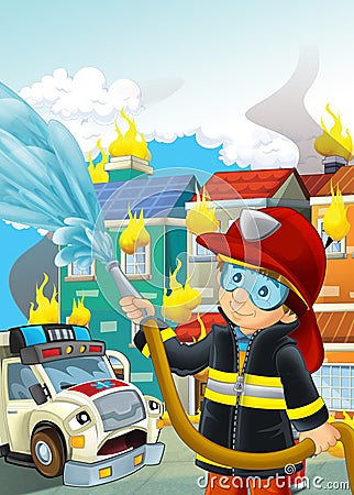 Cartoon stage with fireman near burning building scared ambulacne is watching colorful scene Cartoon Illustration