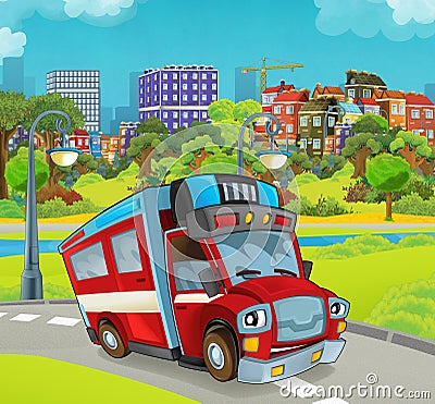 Cartoon stage with happy vehicle - truck for firefighting Cartoon Illustration