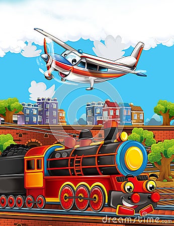 Cartoon stage with train machine older locomotive and flying patrol plane colorful and cheerful scene Cartoon Illustration