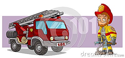 Cartoon firefighter character and red fire truck Vector Illustration