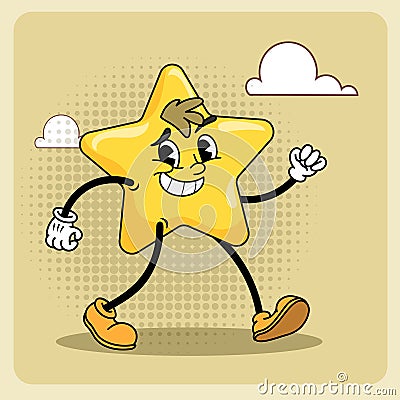 Cartoon star character walking. Cheerful retro 20s vintage mascot. Vector Illustration