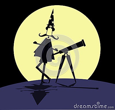 Cartoon stargazer with telescope and full moon illustration Vector Illustration