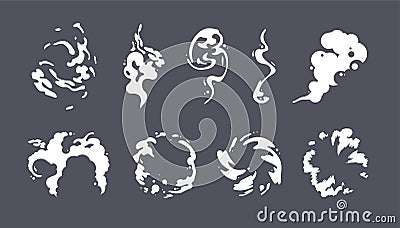 Cartoon steam clouds, puff, mist, fog, watery vapour or dust explosion 2D VFX illustration. Vector Illustration