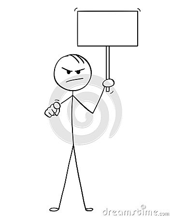 Cartoon of Angry Man or Businessman Holding Empty Sign and Pointing at Camera Vector Illustration