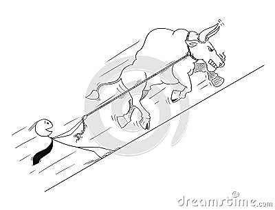 Cartoon of Bull as Rising Market Prices Symbol Pulling Happy Businessman Vector Illustration