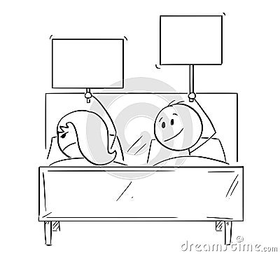 Cartoon of Couple in Bed, Man Offering Something, Woman is Rejecting and Sleeping Vector Illustration