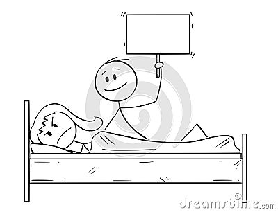 Cartoon of Couple in Bed, Man Offering Something, Woman is Rejecting and Sleeping Vector Illustration