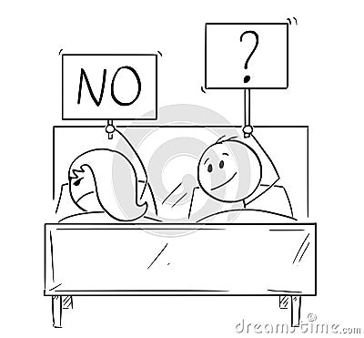 Cartoon of Couple in Bed, Man Wants Sexual Intercourse, Woman is Rejecting Vector Illustration