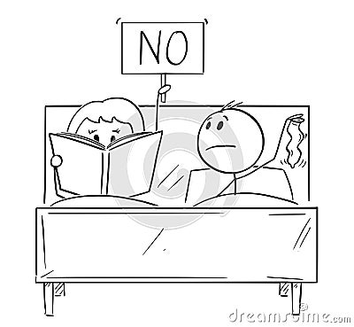 Cartoon of Couple in Bed, Man Wants Sexual Intercourse, Woman is Reading a Book and Rejecting Vector Illustration