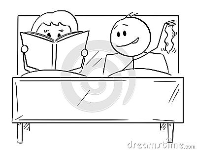 Cartoon of Couple in Bed, Man Wants Sexual Intercourse, Woman is Reading a Book and Rejecting Vector Illustration