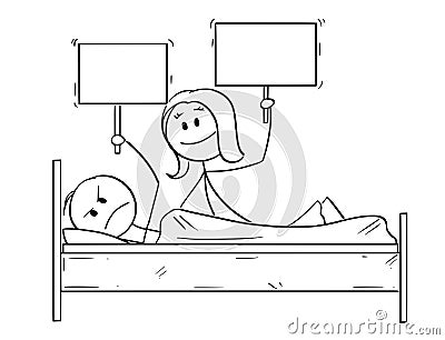 Cartoon of Couple in Bed, Woman Offering Something, Man is Rejecting and Sleeping Vector Illustration