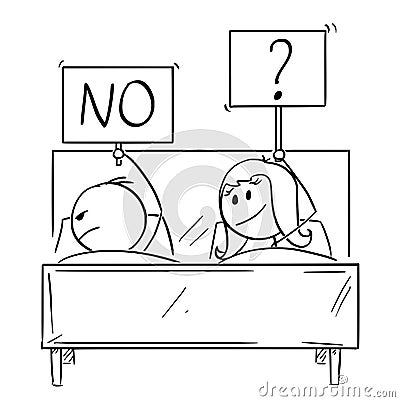 Cartoon of Couple in Bed, Woman Wants Sexual Intercourse, Man is Rejecting Vector Illustration