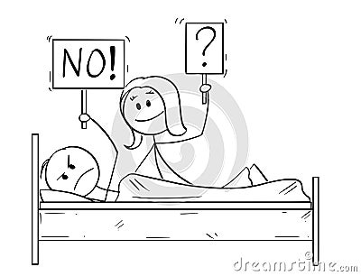 Cartoon of Couple in Bed, Woman Wants Sexual Intercourse, Man is Rejecting Vector Illustration