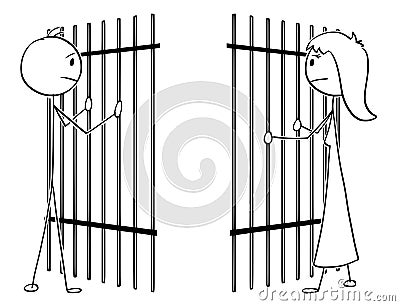 Cartoon of a Couple of Man and Woman Divided by Prison Bars Vector Illustration