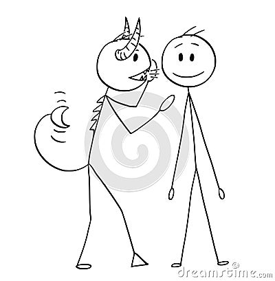 Cartoon of Devil or Demon Whispering a Secret or Advice in Ear of Man Vector Illustration