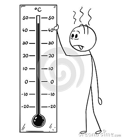 Cartoon of Man Holding Celsius Thermometer Showing Hot Weather or Heat Vector Illustration