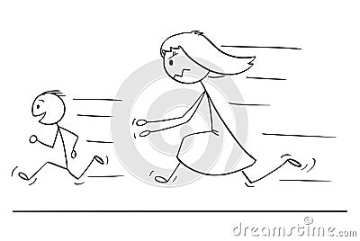 Cartoon of Frustrated and Angry Mother Chasing Naughty or Disobedient Son Vector Illustration