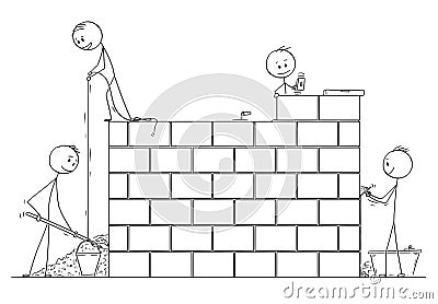 Cartoon of Group of Masons or Bricklayers Building a Wall or House from Bricks Vector Illustration