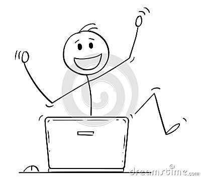 Cartoon of Happy Man or Businessman Celebrating Behind Laptop Computer Vector Illustration