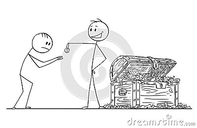 Cartoon of Haughty Arrogant Man or Businessman Giving One Coin to Beggar or Supplicant Vector Illustration