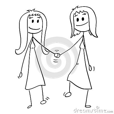 Cartoon of Homosexual Couple of Two Lesbian Women Walking and Holding Hands Vector Illustration