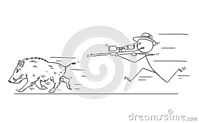 Cartoon of Hunter With Scoped Rifle Hunting Wild Boar or Swine Vector Illustration