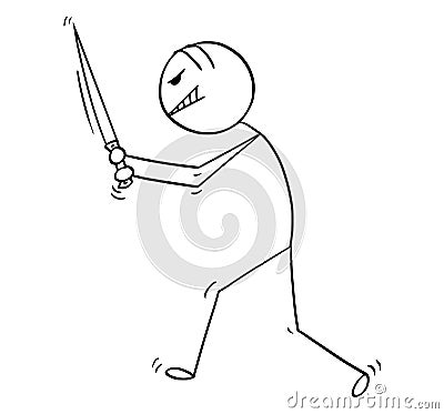 Cartoon of Insane Man or Maniac Killer Walking With Big Knife Vector Illustration