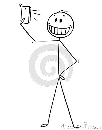 Cartoon of Man With Artificial Smile Taking Selfie Vector Illustration