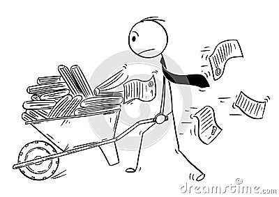 Cartoon of Businessman or Clerk Pushing Wheelbarrow Full of Office Documents Vector Illustration