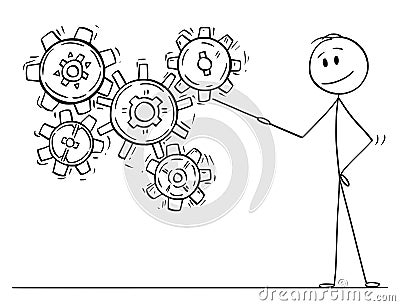 Cartoon of Man or Businessman Pointing at Working Cogwheels or Cog or Gear Wheels Vector Illustration