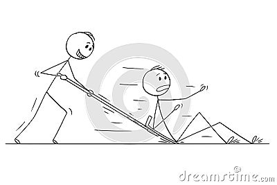 Cartoon of Man or Businessman With Snow Pusher or Shovel Pushing Another Men Vector Illustration