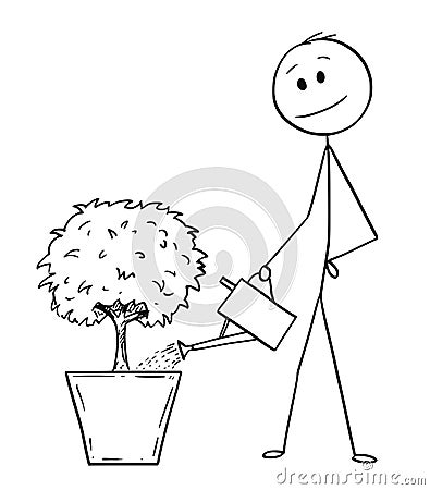 Cartoon of Man or Businessman Watering Tree in Big Pot Vector Illustration