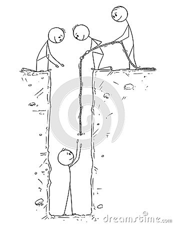 Cartoon of Man or Businessman Trapped in Deep Hole and Saved by Teammates or Coworkers Vector Illustration