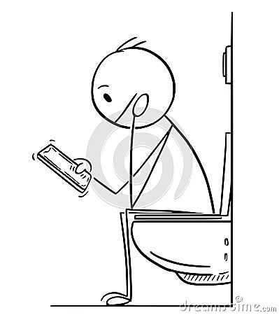 Cartoon of Man or Businessman Working on Mobile Phone While Sitting on Toilet Vector Illustration