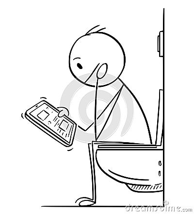 Cartoon of Man or Businessman Reading on Tablet While Sitting on Toilet Vector Illustration