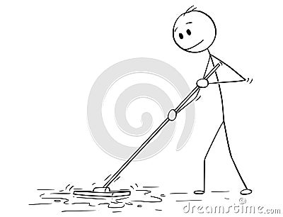 Cartoon of Man Cleaning Floor With Mop Vector Illustration