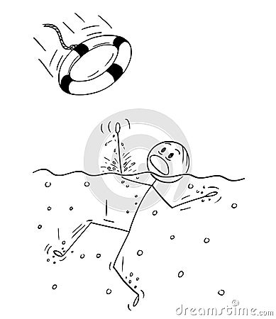 Cartoon of Man Drowning in Water, Someone Throw Him a Lifebuoy or Lifebelt Vector Illustration