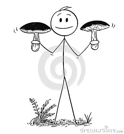 Cartoon of Man Holding Two Big Eatable Boletus Mushrooms Vector Illustration